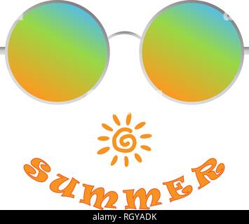 Realistic 3D sunglasses with colorful gradient lens and silver round metallic frame. Shows the pleasure of summer. Vector illustration, EPS10. Stock Vector