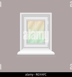 White window frame on lilac wall. Closed realistic vector window element for architecture and interior design. Vector illustration, EPS10. Stock Vector