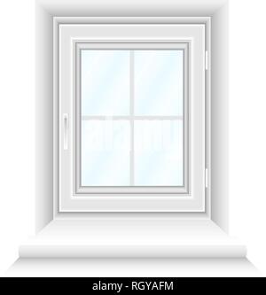 White window frame on white background with blue gradient glasses. Closed realistic vector window element for architecture and interior design. Vector Stock Vector