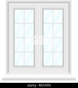 White double window frame on white background with blue gradient glasses. Closed realistic vector window element for architecture and interior design. Stock Vector