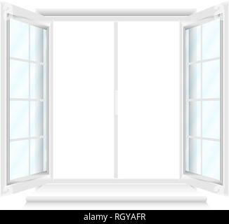 Opened white window frame isolated on white background. Opened realistic vector window element for architecture and interior design. Vector illustrati Stock Vector