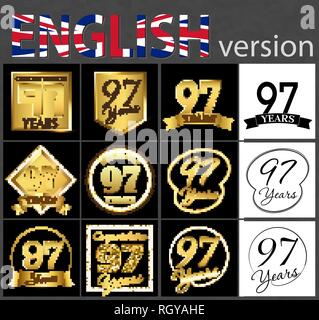 Set of number 97 years (ninety-seven years) celebration. Anniversary golden number template elements for your birthday party Stock Vector