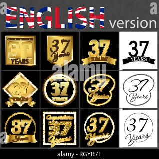 Set of number 37 years (thirty-seven years) celebration. Anniversary golden number template elements for your birthday party Stock Vector