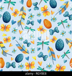 Seamless pattern with cute Easter watercolor illustrations. Stock Photo