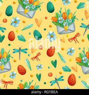 Seamless pattern with cute Easter watercolor illustrations. Stock Photo