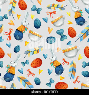 Seamless pattern with cute Easter watercolor illustrations. Stock Photo