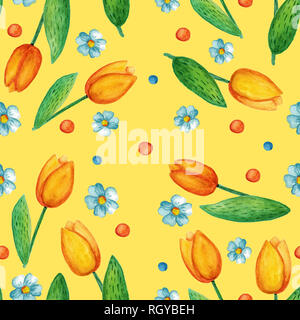 Seamless pattern with cute Easter watercolor illustrations. Tulips Stock Photo