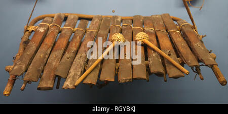 Musical instrument. Idiophon. Balofon and two beaters. Chad. Africa. Stock Photo