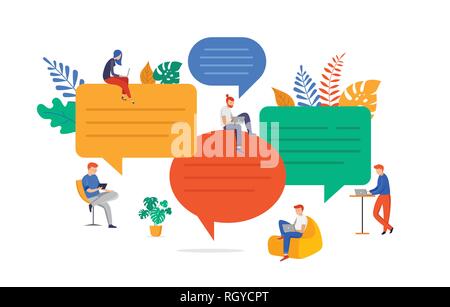 Group of young people communication in search of ideas, problem solving, chatting, brainstorming. Flat style vector illustration Stock Vector