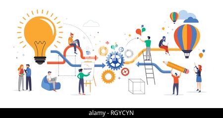 Group of young business people collaborating, solving problems, thinking about creative idea, brainstorming and teamwork concept. Flat style vector Stock Vector