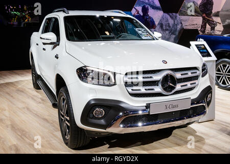 BRUSSELS - JAN 18, 2019: Mercedes Benz X-Class luxury pickup truck showcased at the 97th Brussels Motor Show 2019 Autosalon. Stock Photo