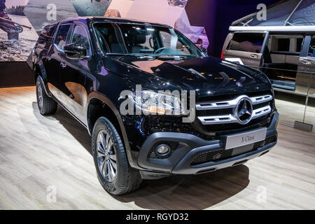 BRUSSELS - JAN 18, 2019: Mercedes Benz X-Class luxury pickup truck showcased at the 97th Brussels Motor Show 2019 Autosalon. Stock Photo