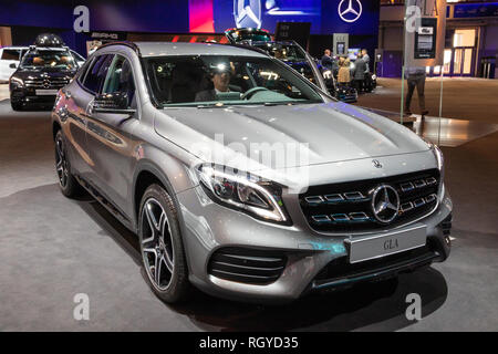 BRUSSELS - JAN 18, 2019: Mercedes Benz GLA 180 car showcased at the 97th Brussels Motor Show 2019 Autosalon. Stock Photo