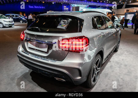 BRUSSELS - JAN 18, 2019: Mercedes Benz GLA 180 car showcased at the 97th Brussels Motor Show 2019 Autosalon. Stock Photo