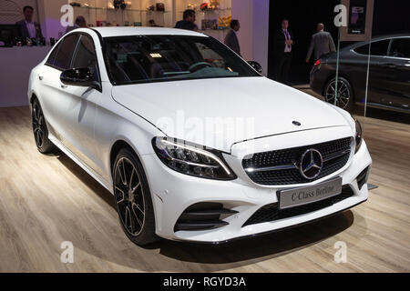 BRUSSELS - JAN 18, 2019: Mercedes Benz C-Class Berline car showcased at the 97th Brussels Motor Show 2019 Autosalon. Stock Photo