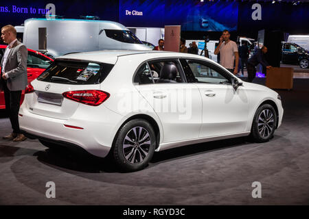 BRUSSELS - JAN 18, 2019: Mercedes Benz A-Class car showcased at the 97th Brussels Motor Show 2019 Autosalon. Stock Photo