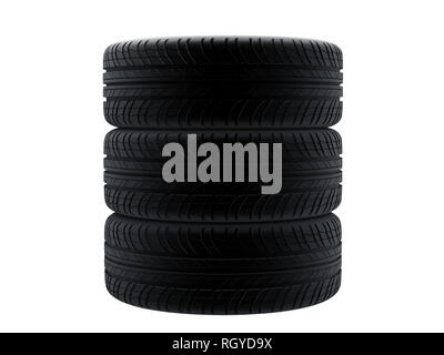 New tires stacked up and isolated on white background. Stock Photo