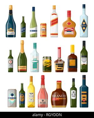 Set of isolated alcohol or booze bottles. Beverage Stock Vector