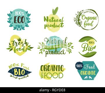 Set of isolated labels, stickers for organic food Stock Vector