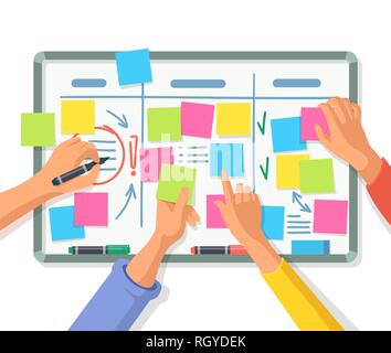 Board with empty stickers or notes, people hands Stock Vector