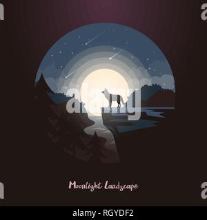 Wolf animal on rock or cliff at night forest. Stock Vector