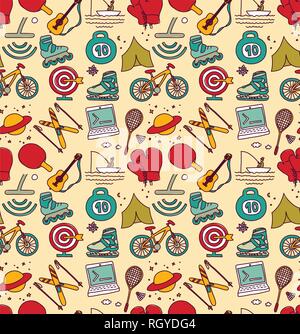 Hobbies men objects sport tourism coding seamless pattern Stock Vector