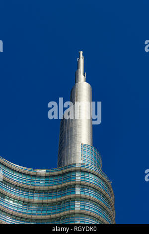 MILAN, ITALY - APRIL 28, 2017: Detail of Unicredit Tower in Milan, Italy. Tower was opened at 2012 and with 231 metres, it is the tallest building in  Stock Photo