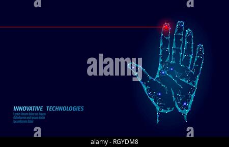 Low poly hand scan cyber security. Personal identification fingerprint handprint ID code. Information data safety access. Internet network futuristic Stock Vector