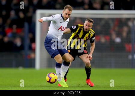 Christian Eriksen of Tottenham Hotspur shields the ball from Tom Cleverley of Watford - Tottenham Hotspur v Watford, Premier League, Wembley Stadium,  Stock Photo