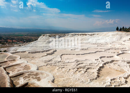 White travertine terraces of Pamukkale or Cotton Palace located in the province of Denizli in Turkey. Stock Photo