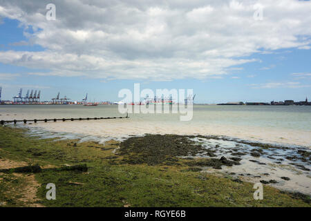 Looking across to the port of Felixstowe and Harwich from Shotley Gate, Suffolk Stock Photo