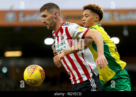 Chris Basham of Sheffield United holds off Jamal Lewis of Norwich City - Norwich City v Sheffield United, Sky Bet Championship, Carrow Road, Norwich - Stock Photo