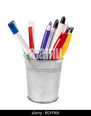 A set of colored pens in a bucket isolated on a white background Stock Photo