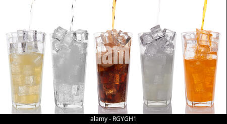 Glasses with sweet drinks with ice cubes isolated on white Stock Photo