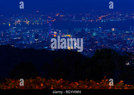 Penang Island & Mainland Penang overview from Penang Hill at Dawn with City lights Stock Photo