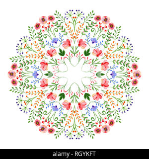 Watercolor mandala. Circular hand-drawn design with spring flowers and branches. Stock Photo