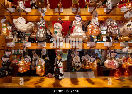 Cat baubles, funny cat and kitten Christmas ornaments for sale on display at Christmas Market Weihnachtsmarkt Alexanderplatz Berlin Stock Photo