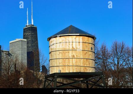 Chicago, Illinois, USA. Miniature, replica water towers dot a park area adjacent to Navy Pier and Polk Bros Park. Stock Photo