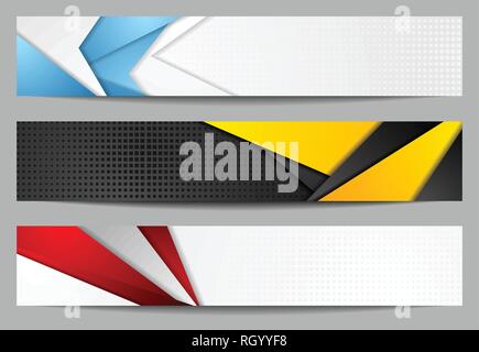 Abstract bright tech geometric banners design. Vector web header corporate backgrounds set Stock Vector