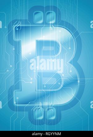 Blue technology background with bitcoin money emblem and circuit board lines. Internet digital crypto currency symbol Stock Vector
