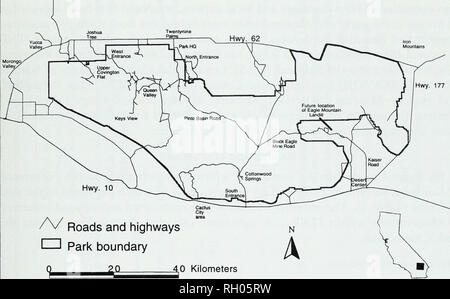 . Bulletin. Science. RAVEN ABUNDANCE AT JOSHUA TREE NATIONAL PARK 87. Hwy. 10 Roads and highways C3 Park boundary (^ 40 Kilometers Fig. 1. Joshua Tree National Park and immediate surroundings. mentation of a proposed large solid waste landfill in southeastern California ad- jacent to Joshua Tree National Park (JTNP) is considered to be a factor that could promote the establishment of additional populations of Common Ravens in the region, and/or increases in existing populations, which could further threaten the Desert Tortoise (Fig. 1). The proposed landfill, Eagle Mountain Landfill (EML), is  Stock Photo