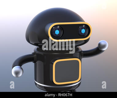 Cute black robot raise his hands isolated on gradient background. 3D rendering image. Stock Photo