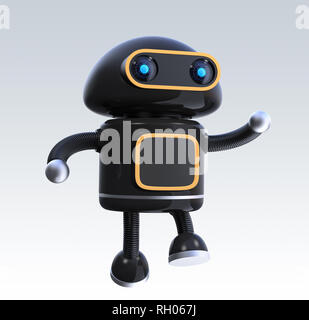 Black cute robot raise his hands and dancing on light gray background. 3D rendering image. Stock Photo