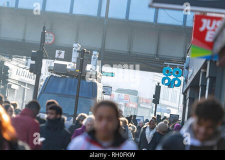 Romford, Essex, UK. 31st January 2019 Metropolitan Police trial live Facial recognition technology outside Romford Station. The police cameras scan passers by and check them against a 'watch list' in real time allowing them to apprehend any wanted people. A small number of protesters against the scheme protested outside Romford Station. Credit: Ian Davidson/Alamy Live News Stock Photo