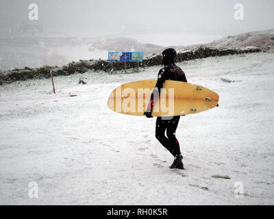 Newquay, Cornwall. 31st Jan 2019. UK Weather: Fistral Beach Surfer in the snow storm. Newquay, Cornwall, 31st January 2019. UK weather: Credit: Robert Taylor/Alamy Live News Stock Photo