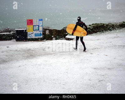 Newquay, Cornwall. 31st Jan 2019. UK Weather: Fistral Beach Surfer in the snow storm. Newquay, Cornwall, 31st January 2019. UK weather: Credit: Robert Taylor/Alamy Live News Stock Photo