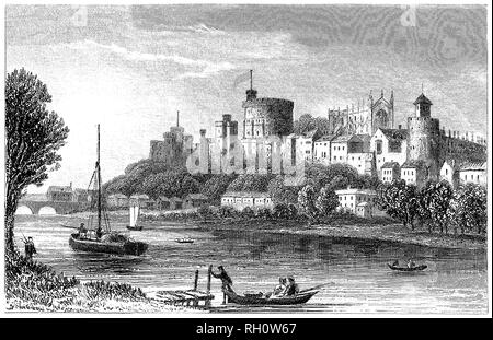 1853 Victorian engraving of Windsor castle by the River Thames in Berkshire, England.