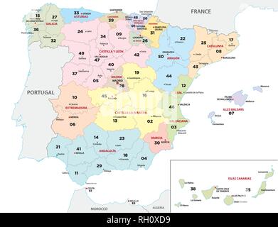 a spain province map with 2-digit zip codes Stock Vector