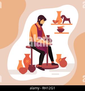 Craftsman potter sculpts a vase of clay on the machine. Vector illustration of a pottery master at work. Stock Vector