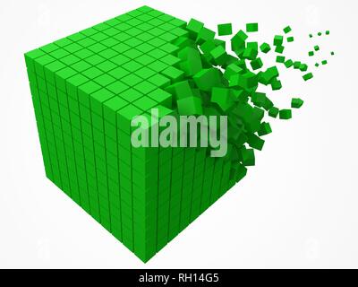 dissolving data block. made with smaller green cubes. 3d pixel style vector illustration. Stock Vector